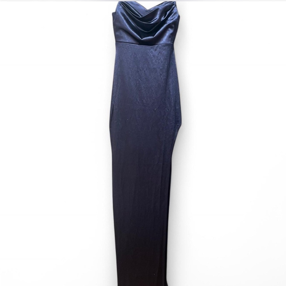 Navy blue maxi dress with cowl neck and high slit on side.